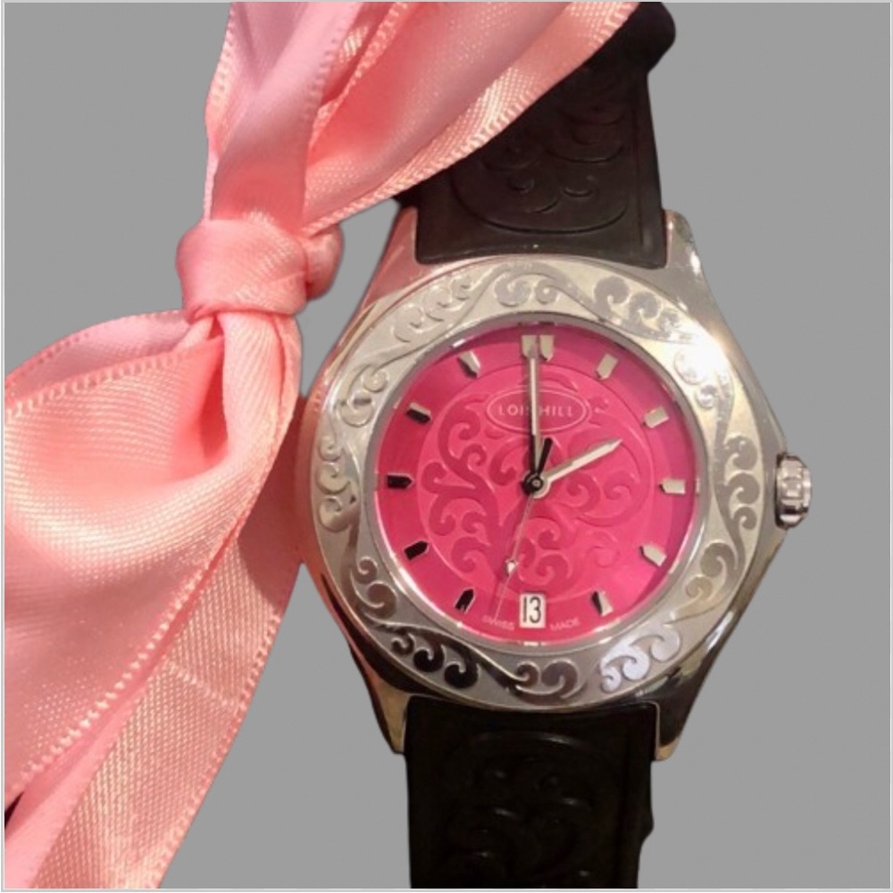 LOIS HILL Round Hot Pink Scroll Face Watch Filigree Rubber Band Sapphire Crystal